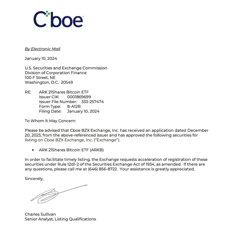 II A carta de aprovação da Cboe datada de 10 de janeiro de 2024. Fonte: Cointelegraph/Reprodução 