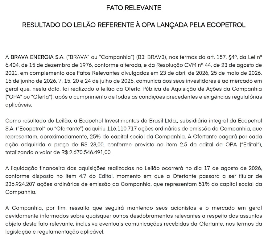 Fato relevante da Brava sobre o leilão da OPA da Ecopetrol, que adquiriu 25% do capital a R$ 23 por ação e passará a deter 51%