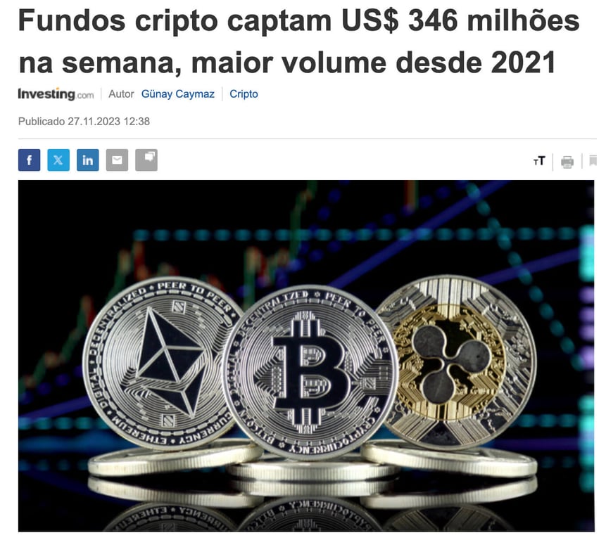 Manchete do Investing diz 'Fundos cripto captam US$ 346 mi na semana'.