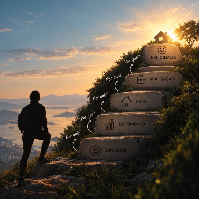Ilustração de uma pessoa subindo uma escadaria de pedra ao entardecer, com cada degrau rotulado — dinheiro, patrimônio, casa, realização — e uma pergunta 'Por quê?' entre cada um, até o degrau final no topo, marcado com um rosto sorridente e a palavra 'felicidade', com uma casinha ao fundo iluminada pelo sol poente.
