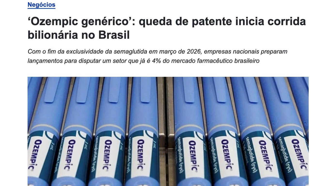 Notícia sobre queda de patente do Ozempic no Brasil
