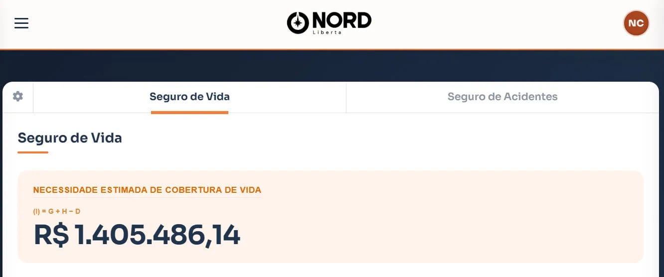 Captura de tela da calculadora Nord Liberta mostrando a necessidade estimada de cobertura de seguro de vida, no valor de R$ 1.405.486,14