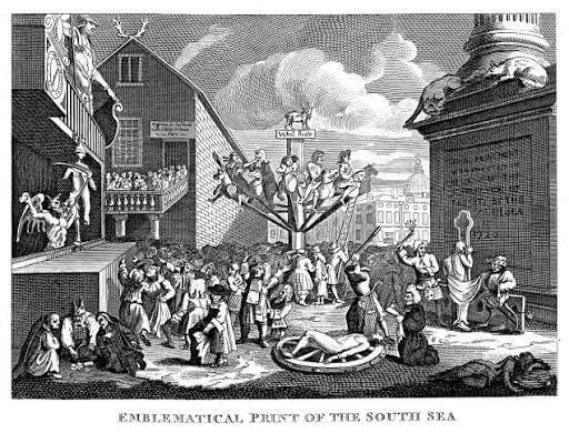 Gravura satírica de Hogarth sobre a euforia da South Sea Company (1721)