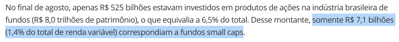Trecho de reportagem do Valor diz que de R$ 535 bi investidos em produtos de ações brasileiras, somente R$ 7,1 bi correspondiam a fundos Small Caps. | Fonte: Valor Econômico