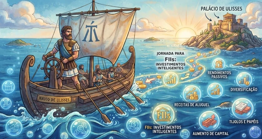 lustração de Ulisses no leme de um navio com remadores rumo ao palácio de Ítaca, com ícones de FIIs, rendimentos passivos, diversificação, receitas de aluguel e aumento de capital