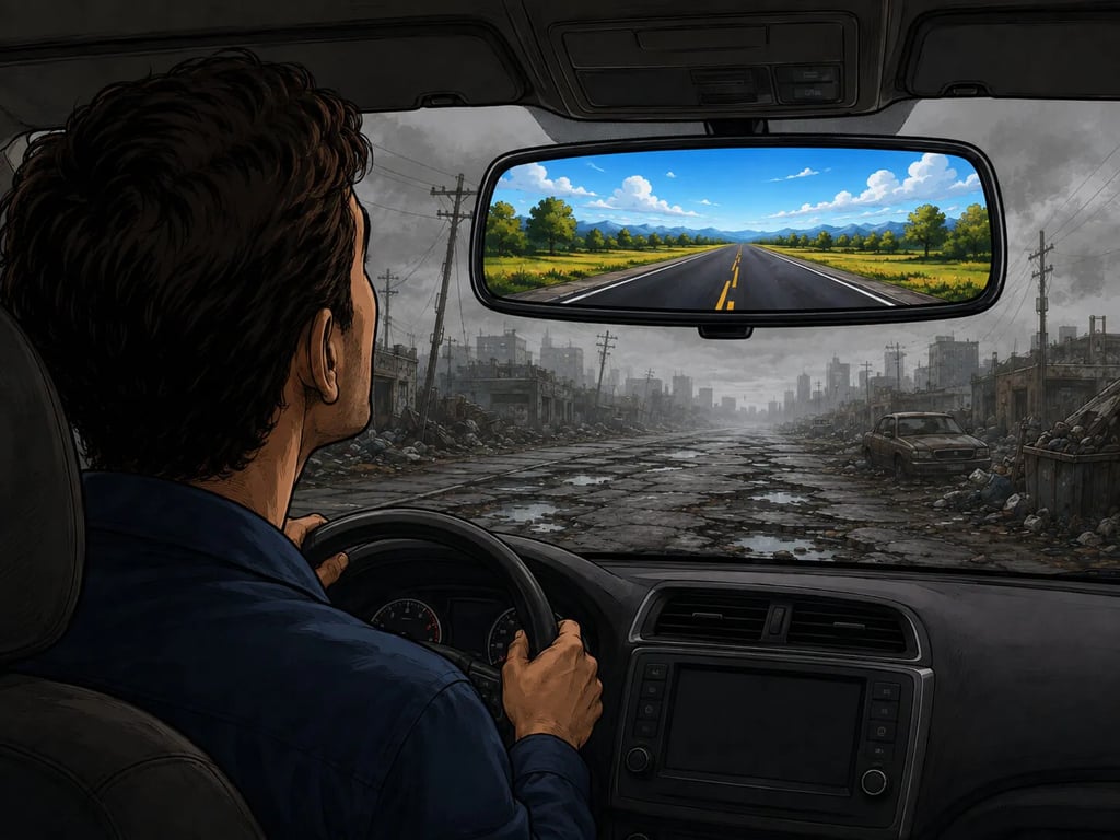 Ilustração de um motorista dirigindo por uma cidade destruída e sombria, enquanto o retrovisor do carro reflete uma paisagem oposta: uma estrada tranquila em meio a um campo verde e ensolarado, representando a diferença entre o passado (retrovisor) e o caminho real à frente (para-brisa).