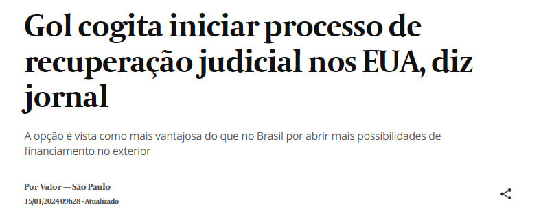 Manchete do Valor diz 'Gol cogita inicial processo de RJ nos EUA'.