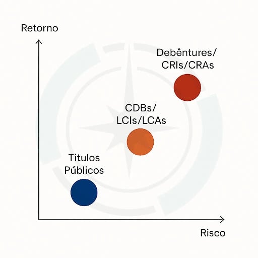Gráfico mostra a relação entre risco e retorno em modalidades de renda fixa como títulos públicos; CDBs, LCIs e LCAs; e debêntures, CRIs e CRAs