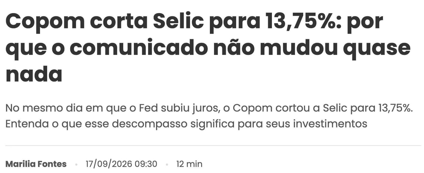 Matéria de Marilia Fontes falando sobre o corte da Selic em setembro de 2026