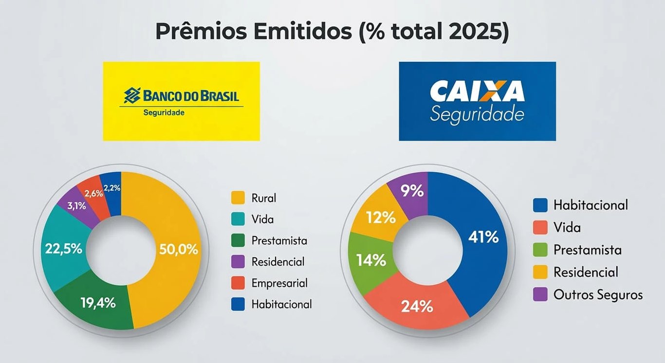 Dois gráficos de rosca comparando 'Prêmios Emitidos (% total 2025)' entre BB Seguridade e Caixa Seguridade: BB Seguridade tem 50% em seguro rural, 22,5% em vida, 19,4% em prestamista; Caixa Seguridade tem 41% em habitacional, 24% em vida, 14% em prestamista.