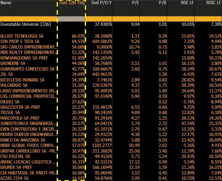 Tabela mostrando o ranking das companhias da B3 com maior Dividend Yield nos últimos 12 meses, incluindo colunas de payout, P/E, P/B, ROE e ROIC