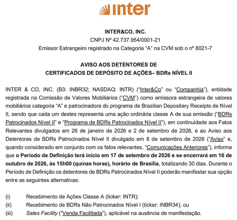 Página do comunicado oficial do Inter à CVM, intitulado 'Aviso aos detentores de certificados de depósito de ações – BDRs Nível II', informando que o Período de Definição terá início em 17 de setembro de 2026 e se encerrará em 16 de outubro de 2026, às 15h, e listando as três alternativas disponíveis aos detentores.