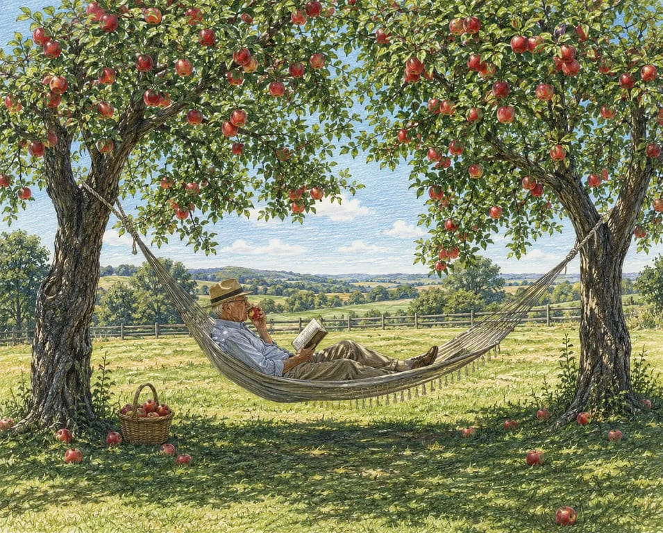 Um homem que plantou estas árvores há anos e hoje tem sombra, frutas e lugar de descansar com conforto