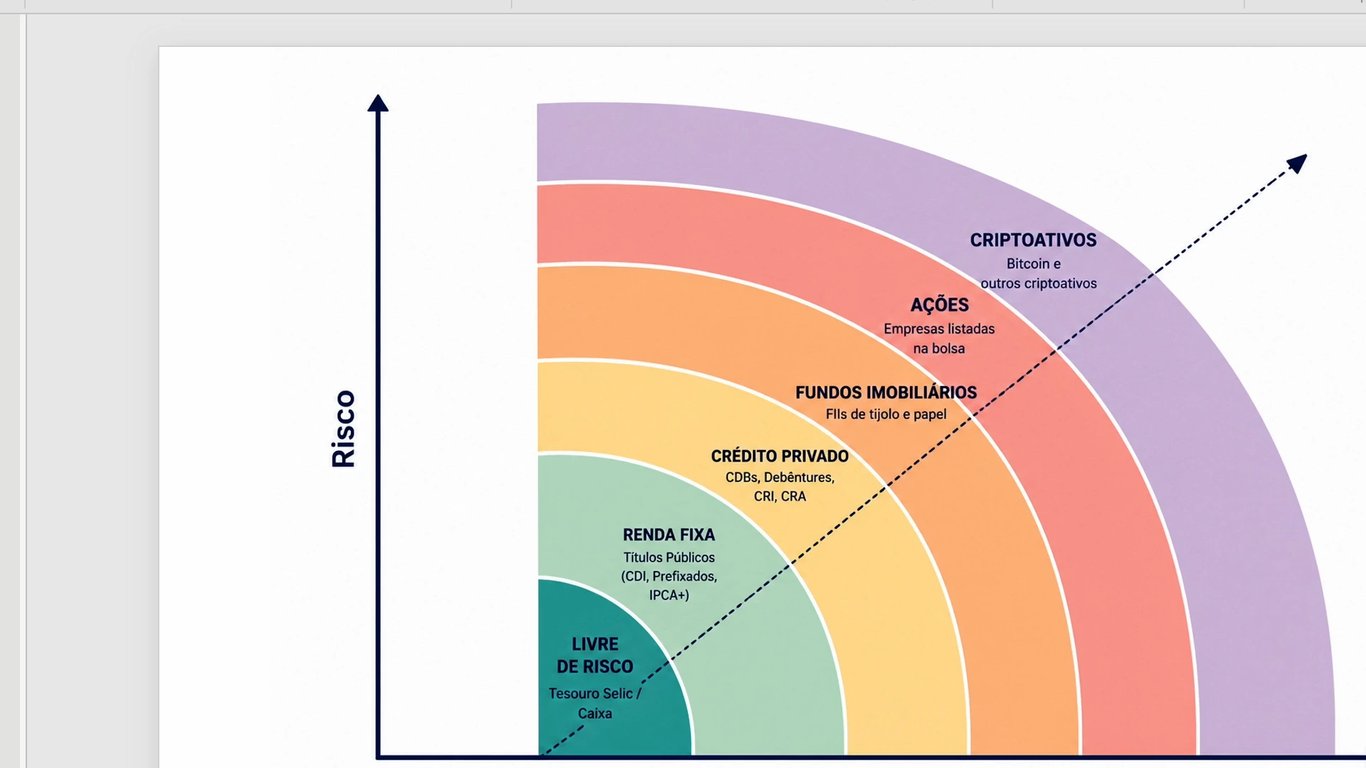 Gráfico em camadas mostrando a escala de risco dos investimentos, do livre de risco (Tesouro Selic) à renda fixa, crédito privado, fundos imobiliários, ações e criptoativos