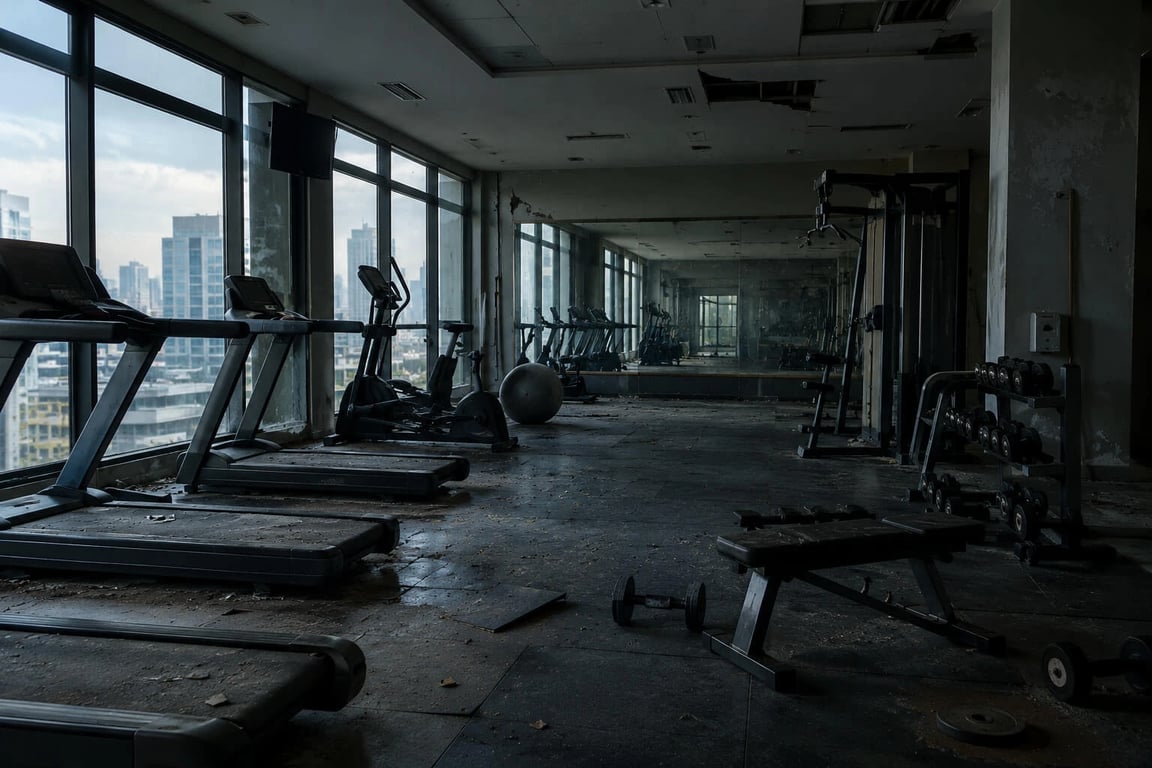 Academia de prédio vazia e escura, com esteiras, bicicletas e halteres sem uso&nbsp;