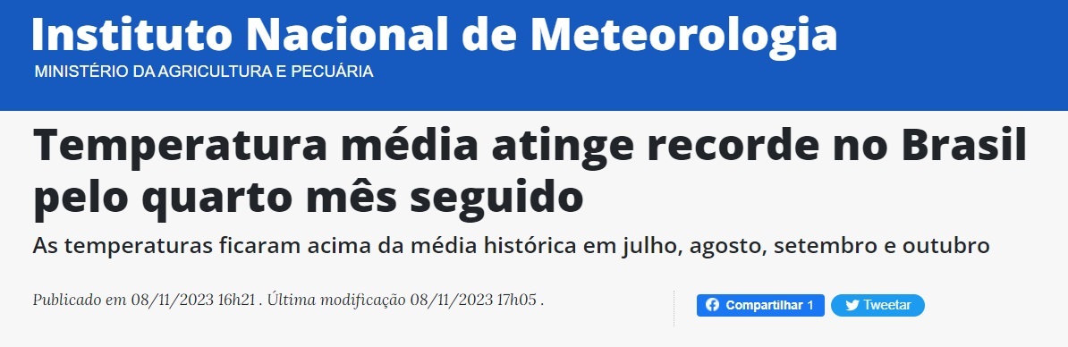 Manchete Inmet diz que 'temperatura média atinge recorde no Brasil'.