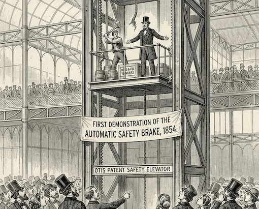 Ilustração histórica da demonstração de Elisha Otis em 1854, quando ele cortou a corda do elevador para mostrar o funcionamento do freio de segurança