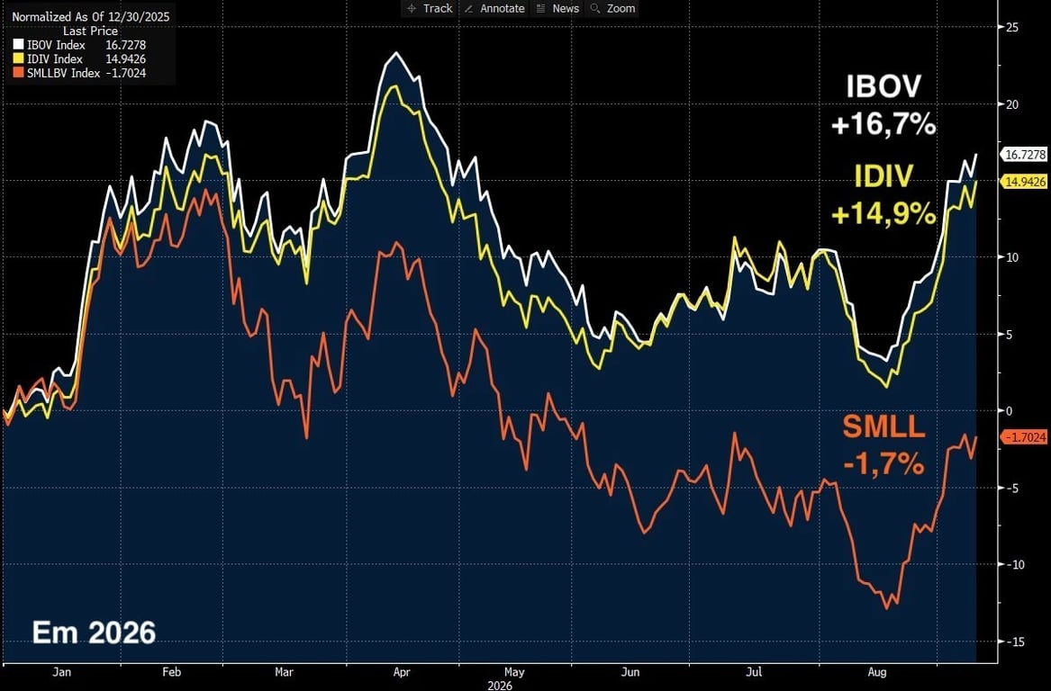 Gráfico comparando as cotações do IBOV, IDIV e SMLL em 2026, mostrando o IBOV subindo 16,7% e o IDIV subindo 14,9%, enquanto o SMLL cai 1,7%