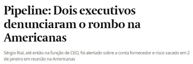 Dois executivos denunciaram o rombo na Americanas, diz manchete do jornal Valor Econômico