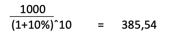 R$ 1.000 em um título prefixado de 10 anos a uma taxa de 10% a.a valeria R$ 385,54