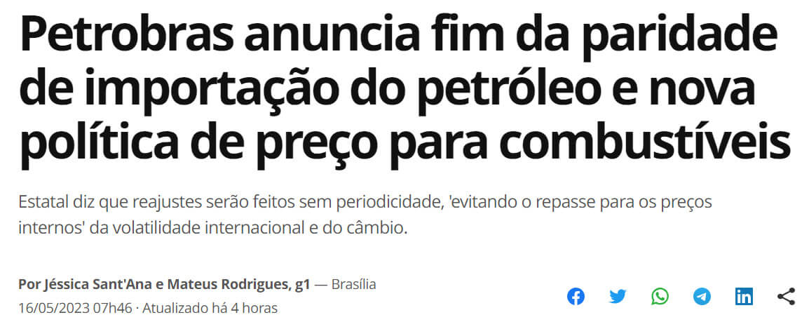 Manchete do G1 diz "Petrobras anuncia fim da paridade de importação do petróleo e nova política de preços para combustíveis"