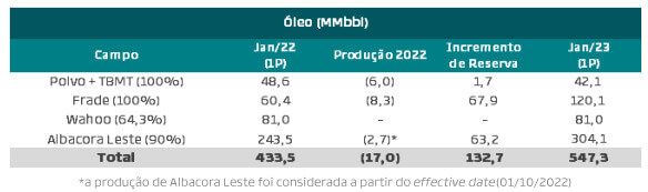 Tabela com Reservas de Óleo (PRIO). 