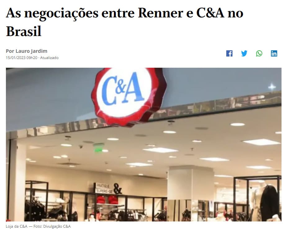 Manchete do jornal O Globo diz "As negociações entre Renner e C&A no Brasil"