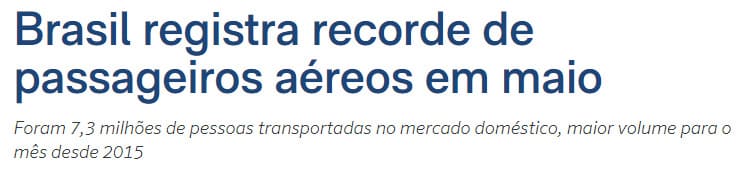 Manchete do site Poder360 diz "Brasil registra recorde de passageiros aéreos em maio"