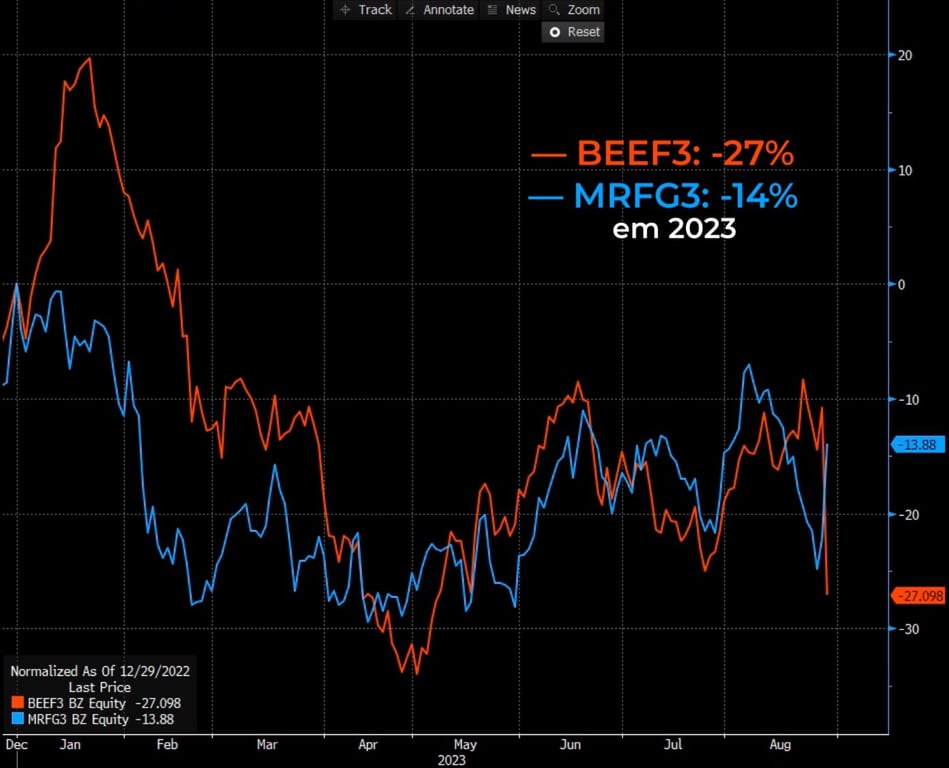 Gráfico mostra as cotações da Minerva e da Marfrig em 2023