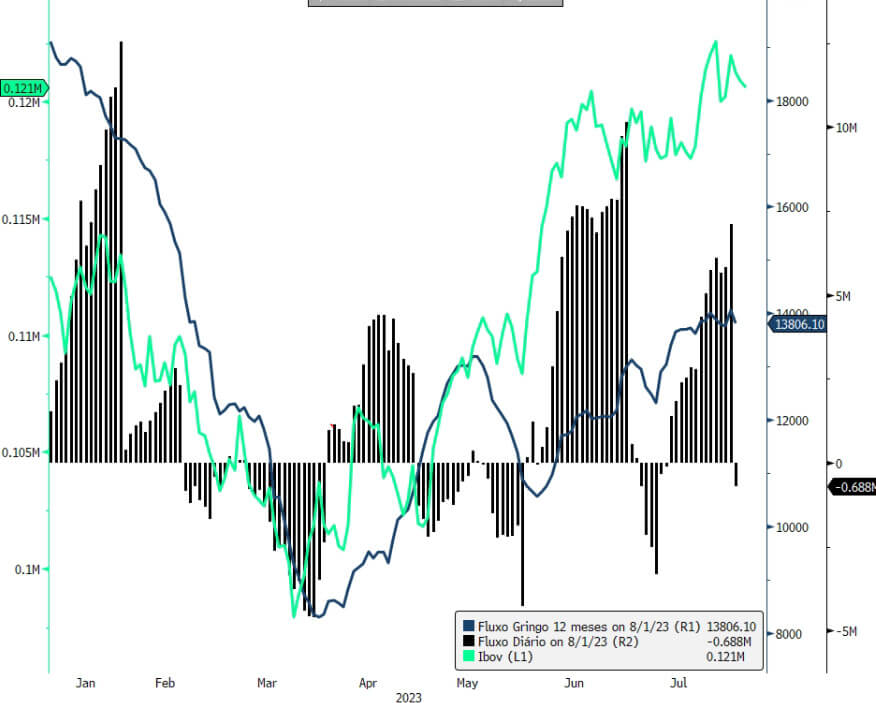 Gráfico apresenta fluxo de capital gringo na B3. 