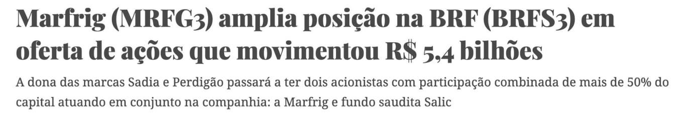 Título de artigo do site Mais Dinheiro diz "Marfrig amplia posições na BRF em oferta de ações que movimentou R$ 5,4 milhões"