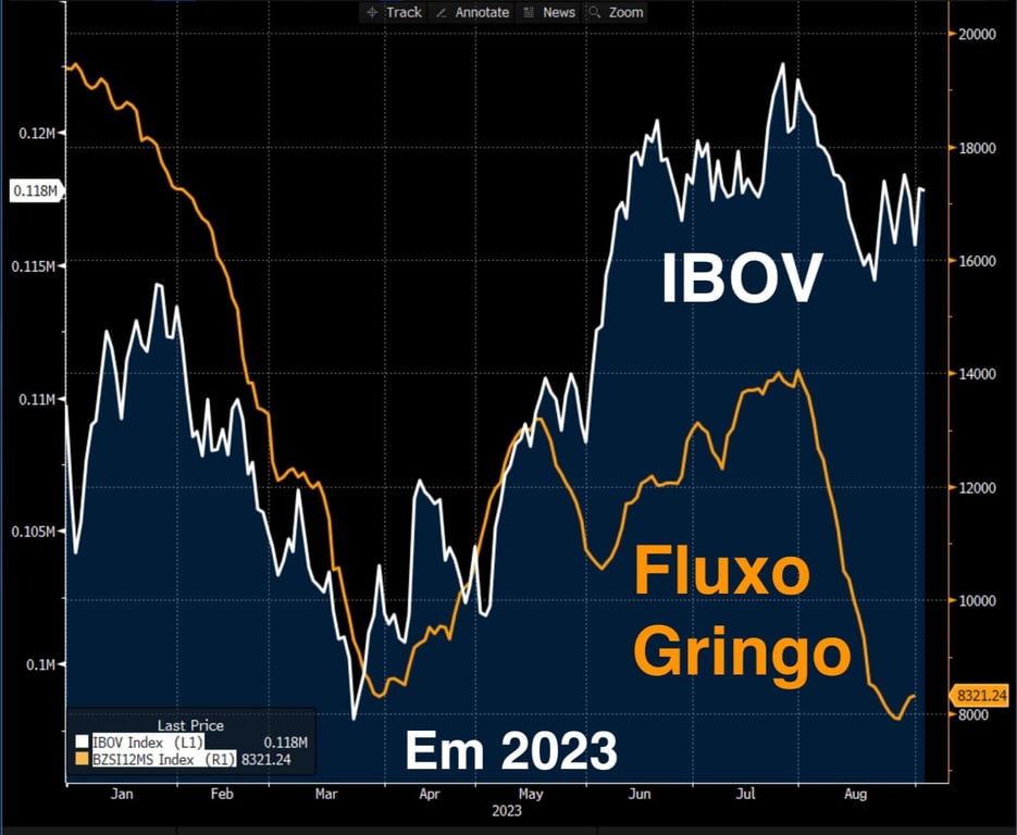 Gráfico mostra desempenho do IBOV comparado ao fluxo estrangeiro em 2023