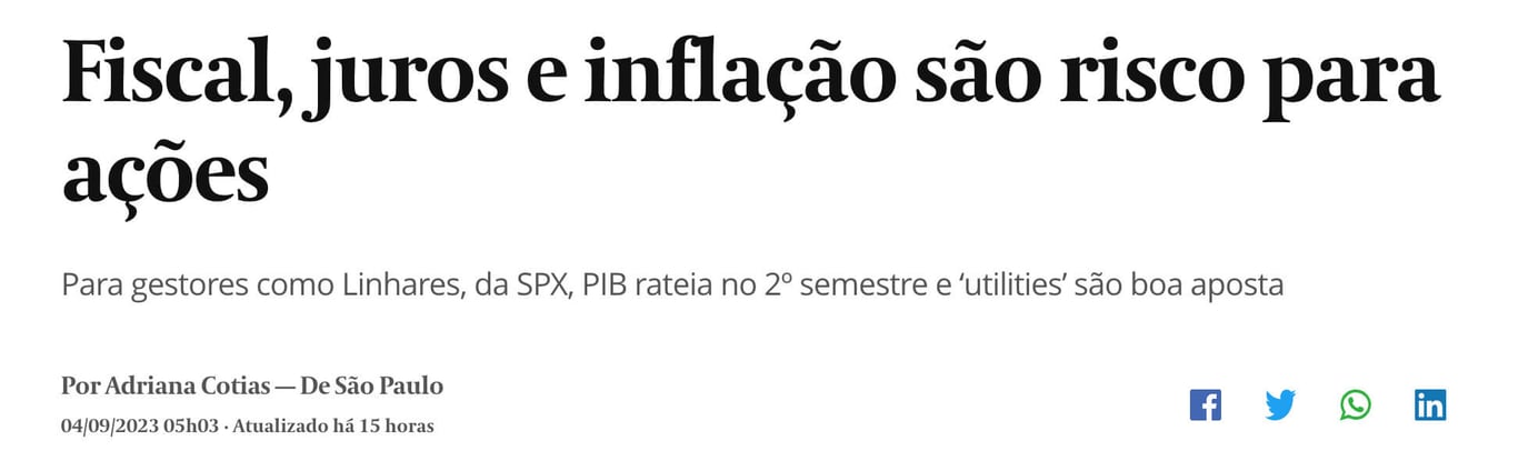 Manchete do Valor diz "Fiscal, juros e inflação são risco para ações"