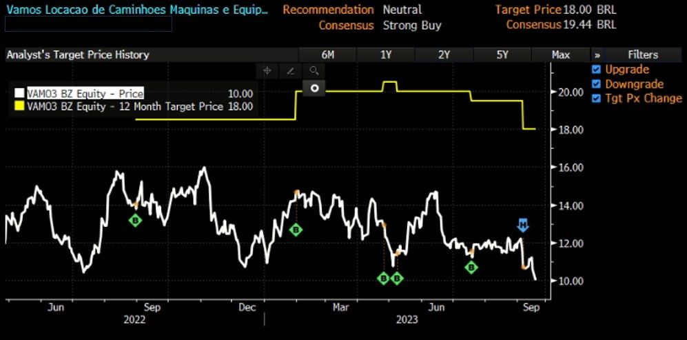 Preço da ação e preço alvo de VAMO3.