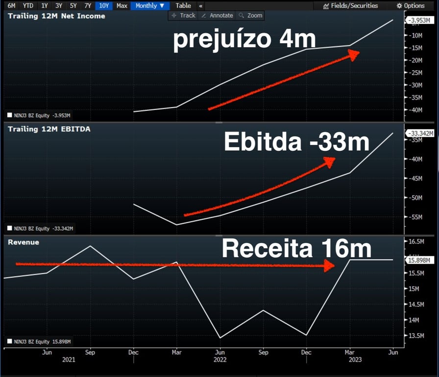 Gráfico apresenta prejuízo (4m); ebitda (-33m) e receita (16m) NINJ3