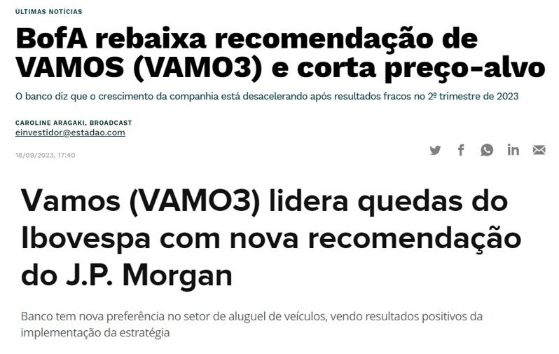 Rebaixamento de recomendação de VAMO3 pelo BofA e quedas de VAMO3 do Ibovespa após nova recomendação J.P. Morgan