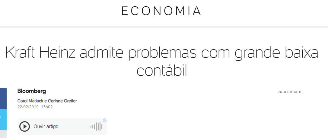 Manchete do UOL diz "Kraft Heinz admite problemas com grande baixa contábil"