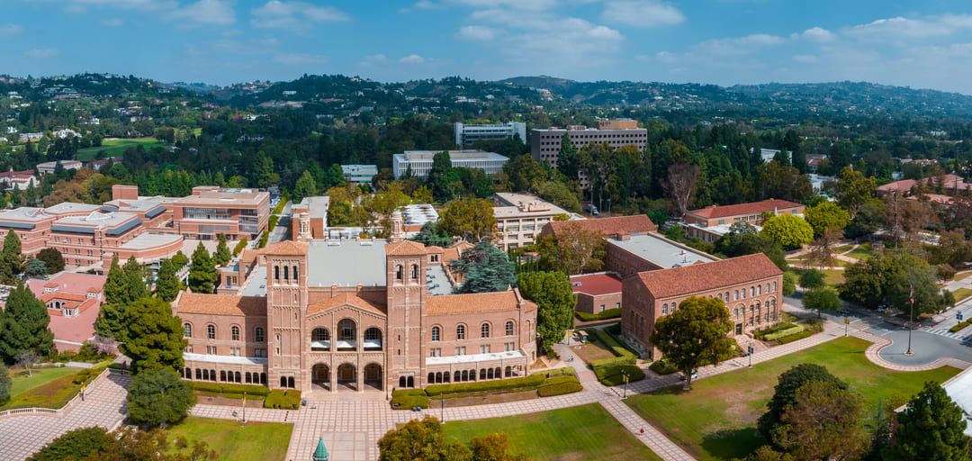 Foto de vista aérea da UCLA, onde Larry Fink estudou, tendo como ponto principal o edifício Royce Hall