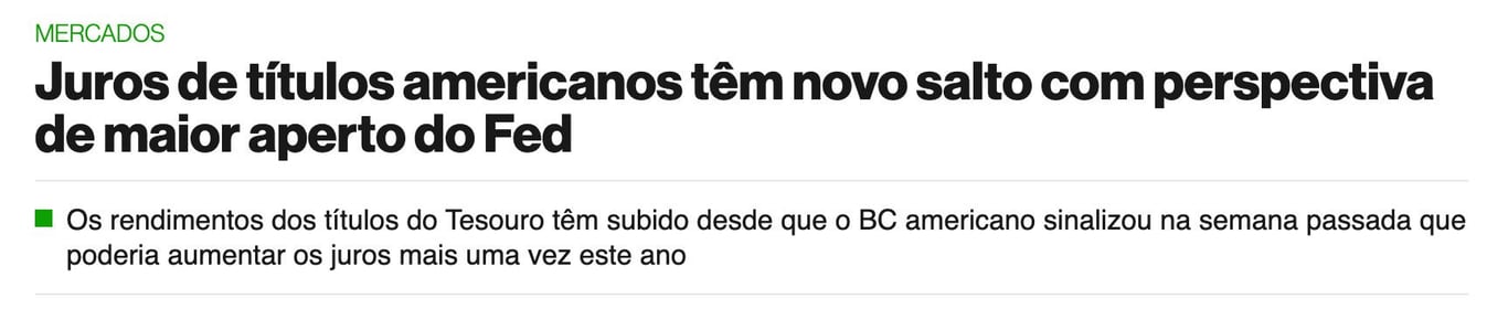 Manchete do Bloomberg diz Juros de títulos americanos têm novo salto com perspectiva de maior aperto do Fed