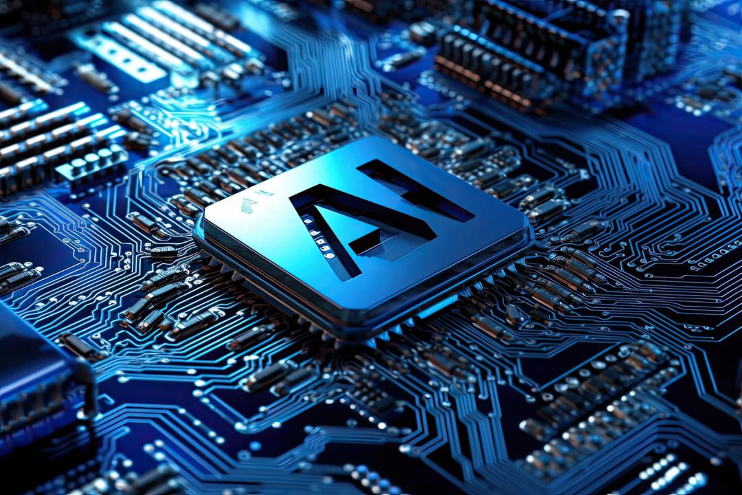 Chip azul escrito "AI" em circuito tecnológico para representar as atividades da Arm na tecnologia
