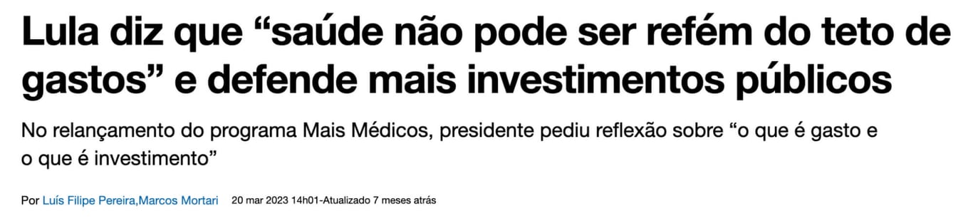 Manchete do InfoMoney diz "Lula diz que saúde não pode ser refém do teto de gastos"