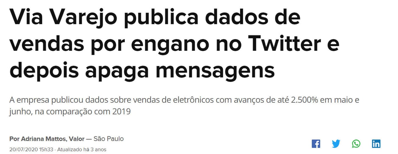 Manchete do Valor diz "Via Varejo publica dados de vendas por engano no Twitter e depois apaga mensagens"