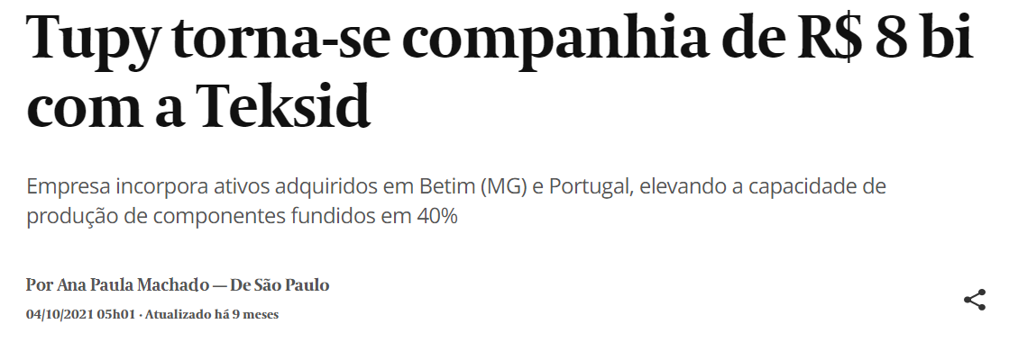 Manchete do Valor Econômico: "Tupy torna-se a companhia de R$ 8 bi com a Teksid"