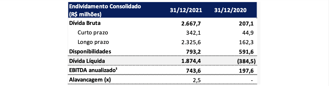 Tabela com Endividamento e alavancagem. 