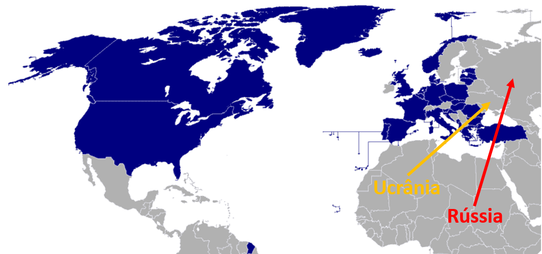 Mapa dos países membros da OTAN. 