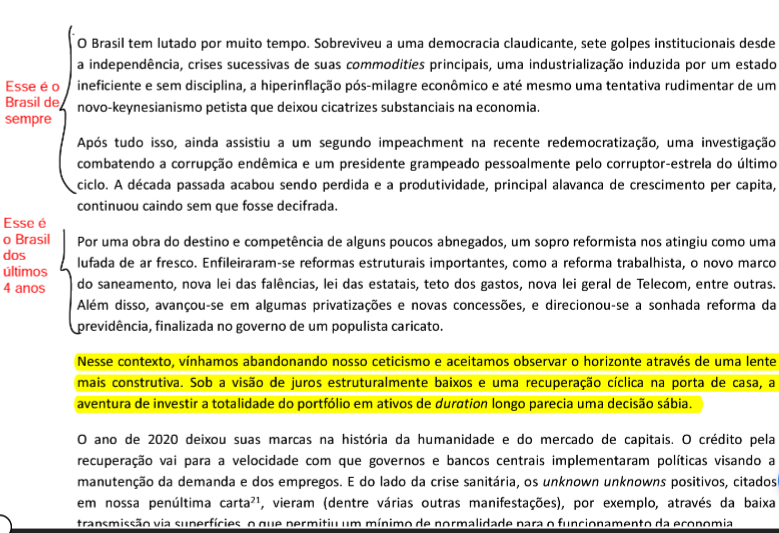 Print de comunicado da Atmos sobre o "Brasil de sempre" e o "Brasil dos últimos 4 anos". Ainda, ao final, há o seguinte trecho destacado: "Nesse contexto, vínhamos abandonando nosso ceticismo e aceitamos observar o horizonte através de uma lente mais construtiva. Sob a visão de juros estruturalmente baixos e uma recuperação cíclica na porta de casa, a aventura de investir a totalidade do portfólio em ativos de duration longo parecia uma decisão sábia." 