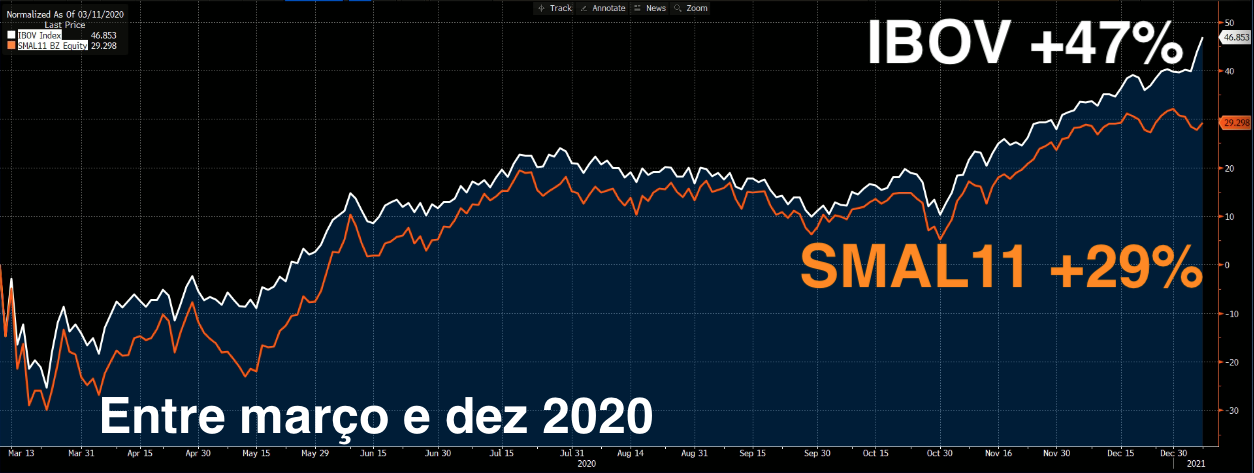 Gráfico apresenta Ibovespa e Índice de SmallCaps entre março e dezembro 2020.