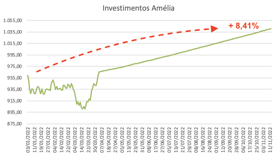 Gráfico apresenta trajetória investimento Amélia.
