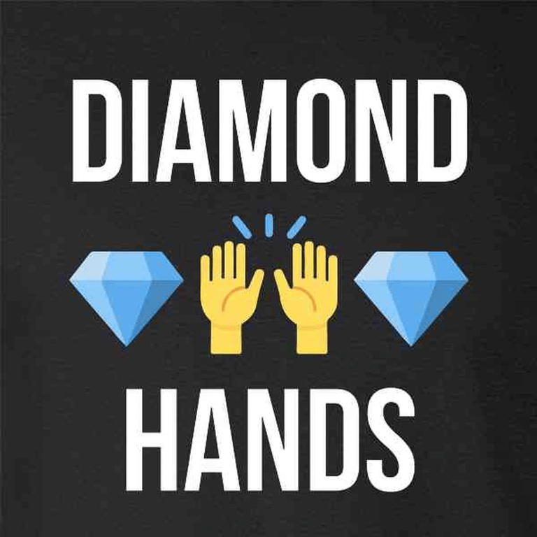 Imagem com o texto diamond hands, com um emoji de mãos saudando entre dois emojis de diamante.