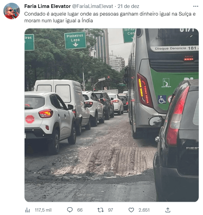 Asfalto esburacado em rua na região da Faria Lima na cidade de São Paulo